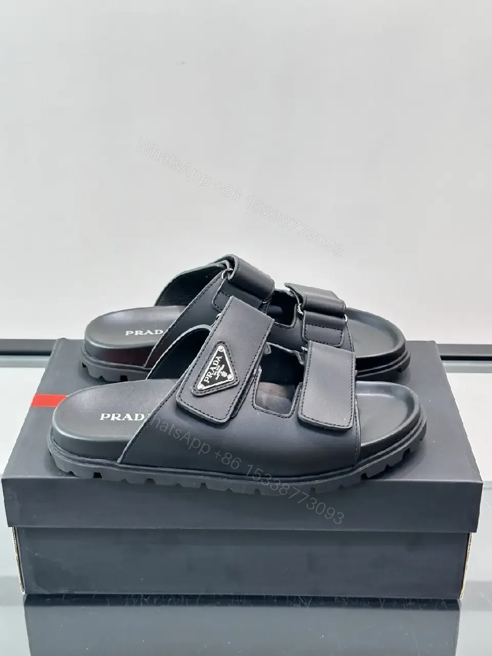 View 2 of Black Leather Sandals, Velcro Straps, Prada-Style Vintage Design Slippers