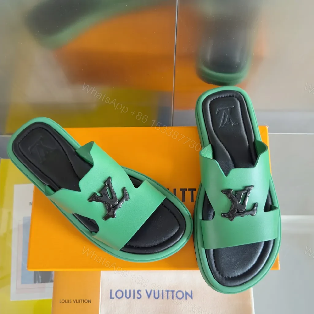 View 4 of Green Leather Sandals with Bold Logo, Comfort-Oriented Sandals