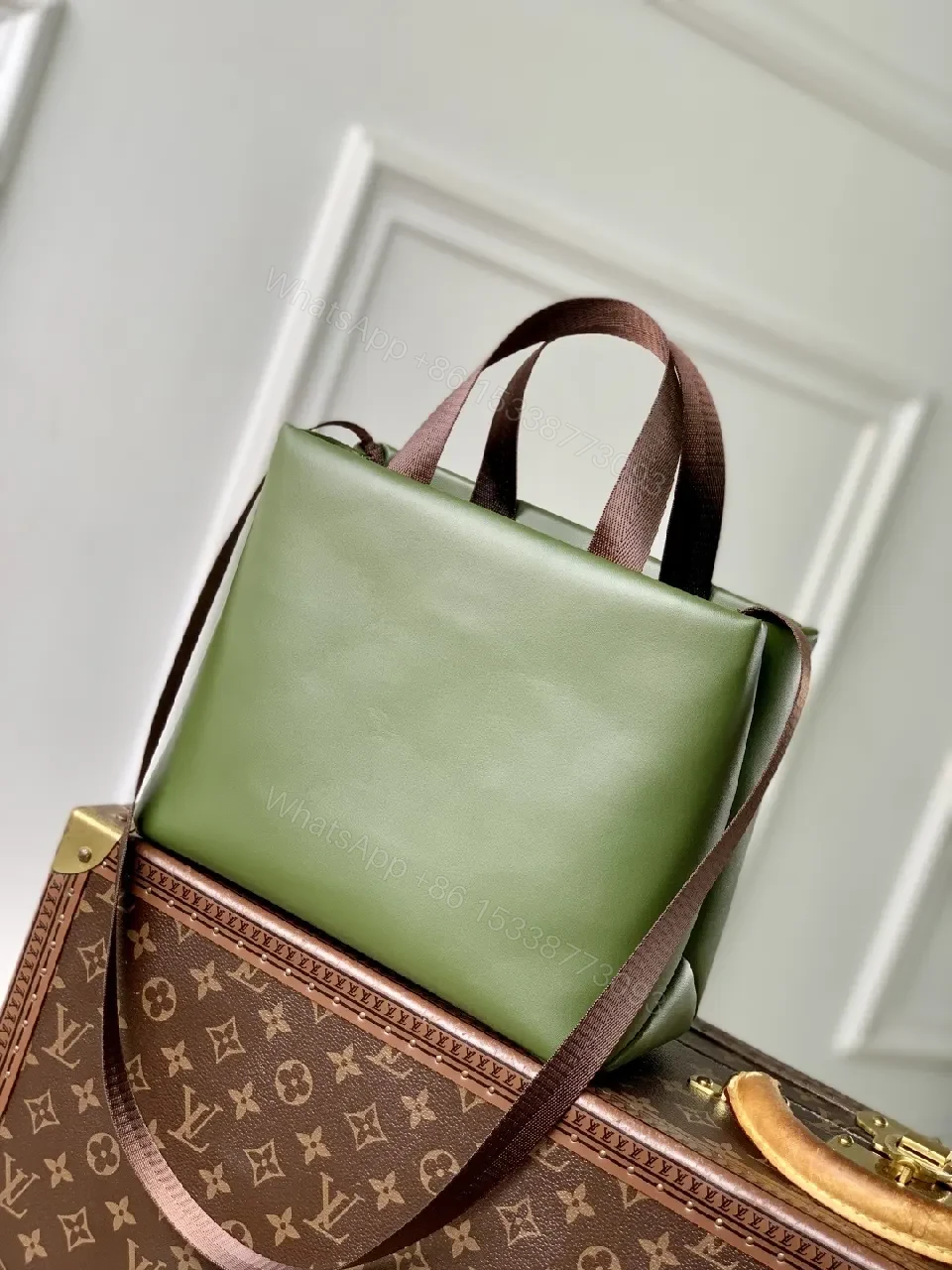 View 4 of Green Leather Tote with Bold Branding, Coordinated Straps