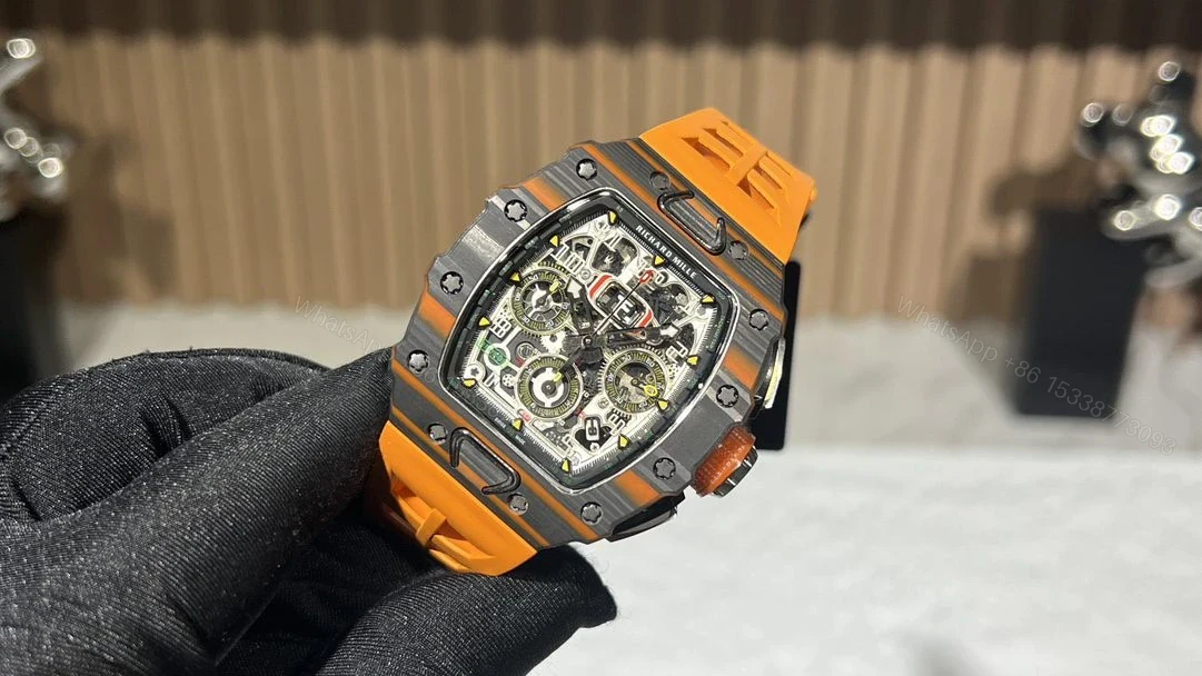 View 2 of Replica Richard Mille RM 11-03 McLaren Carbon Fiber Skeleton Chronograph Orange Rubber Strap