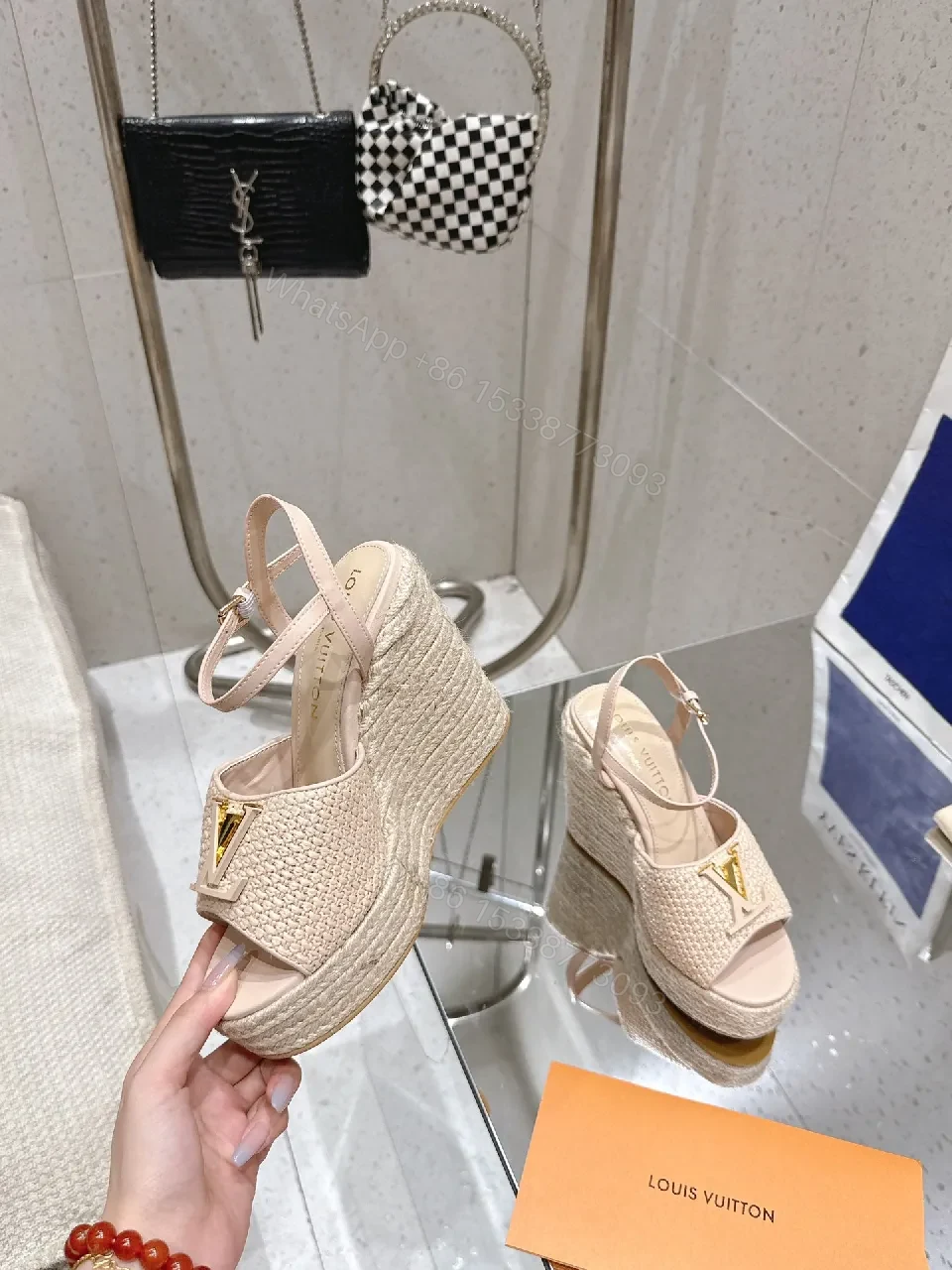 View 2 of Beige Wedge Espadrille Sandals with Gold Detail - Elevated Comfort