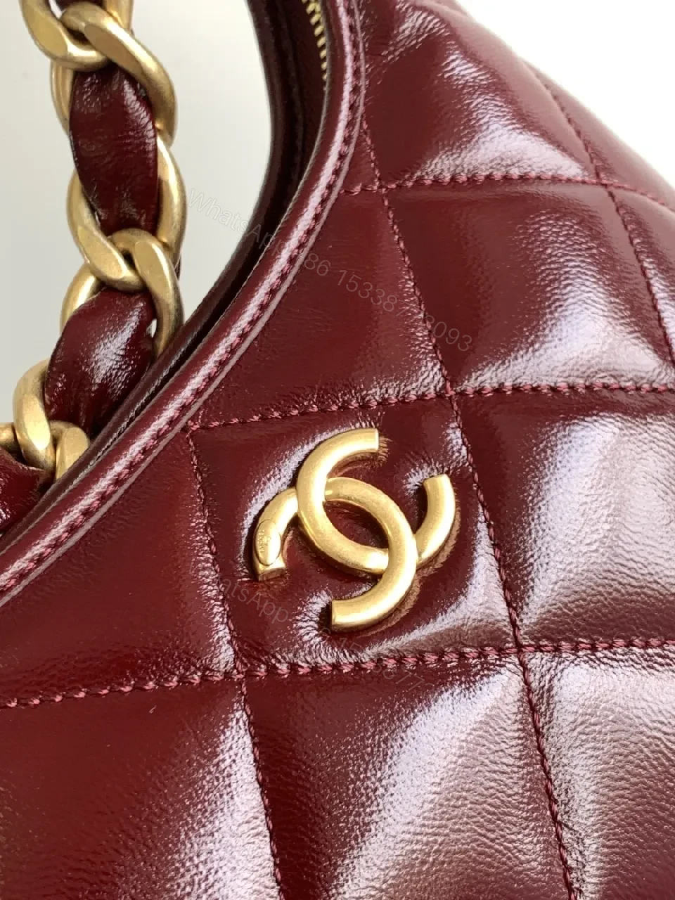 View 6 of Burgundy Quilted Mini Bag with Gold Chain Strap