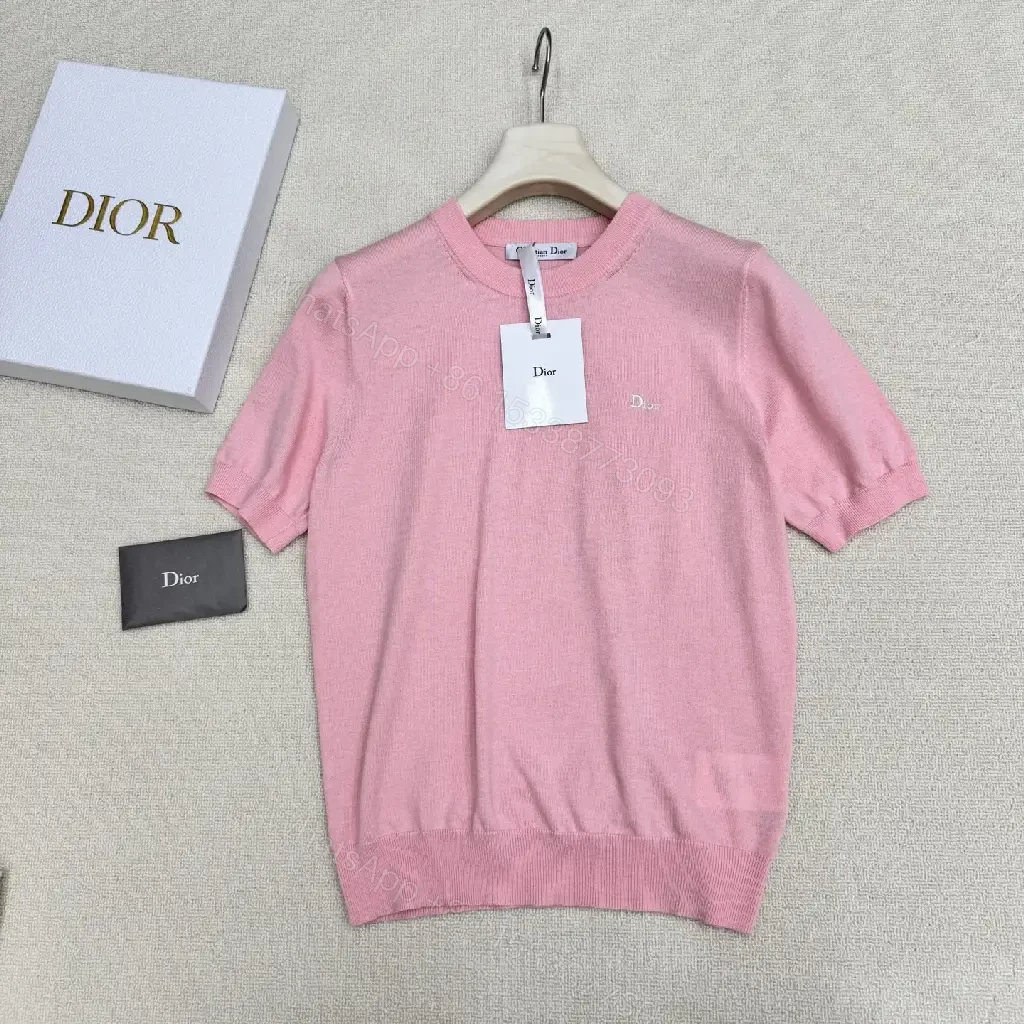 View 9 of Pink Cotton Knit Short Sleeve Dior Style with Logo Key Feature Tee