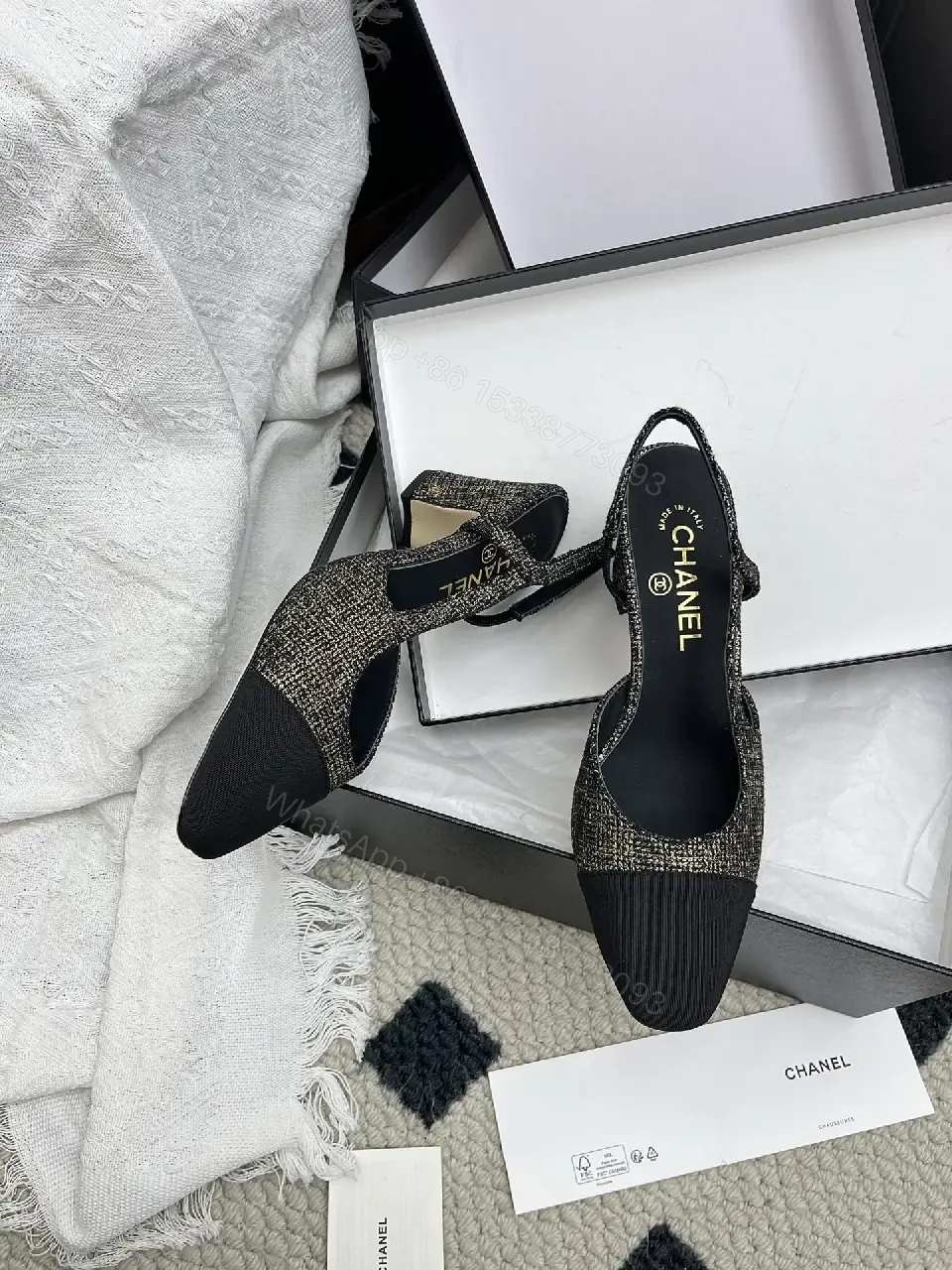 View 4 of Tweed-Textured Flats with Black Cap Toe - Ballet Style, Bowed Details