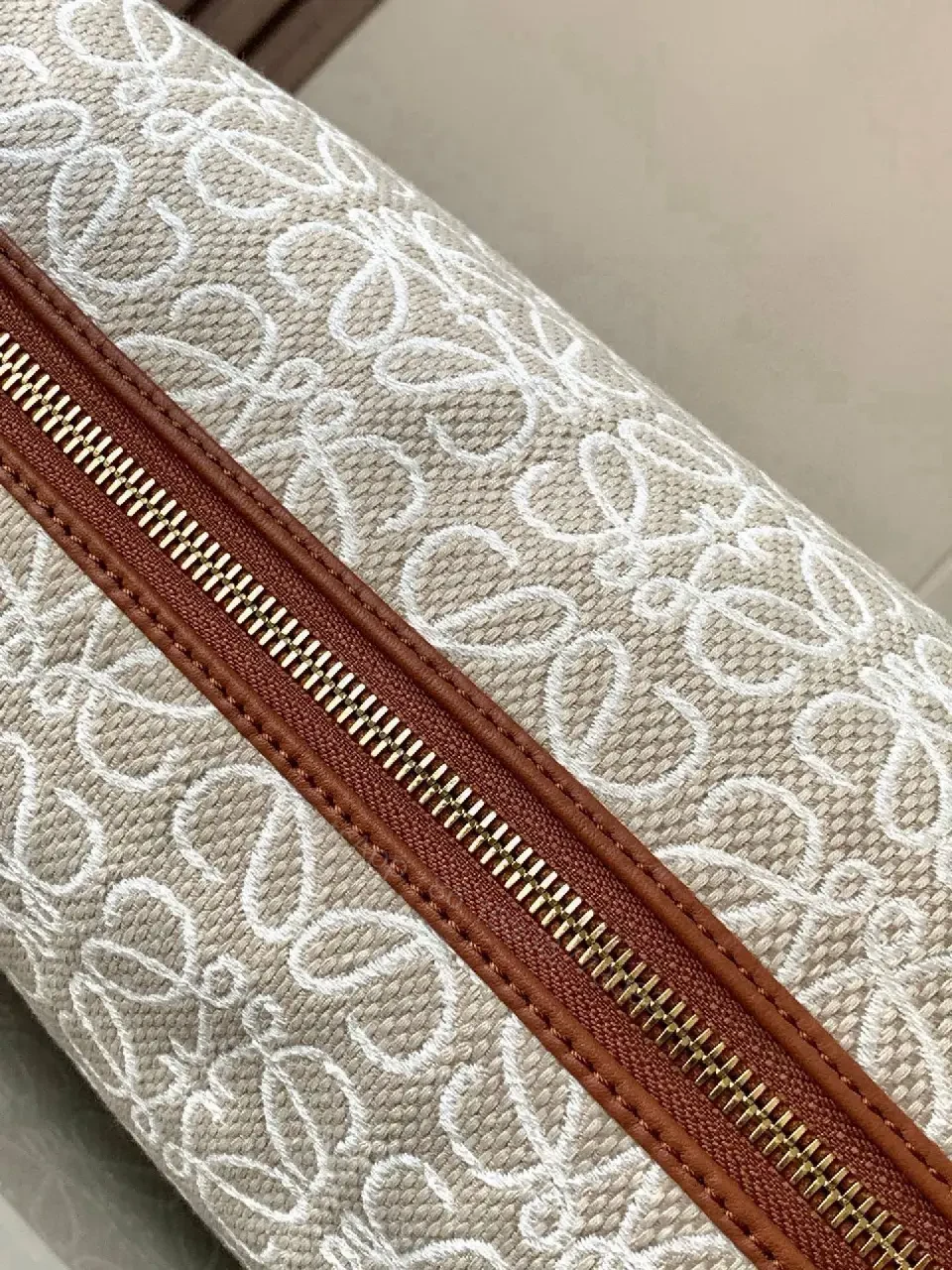 View 5 of Cream-Tone Interlocking Pattern Leather-Trim Tote Bag
