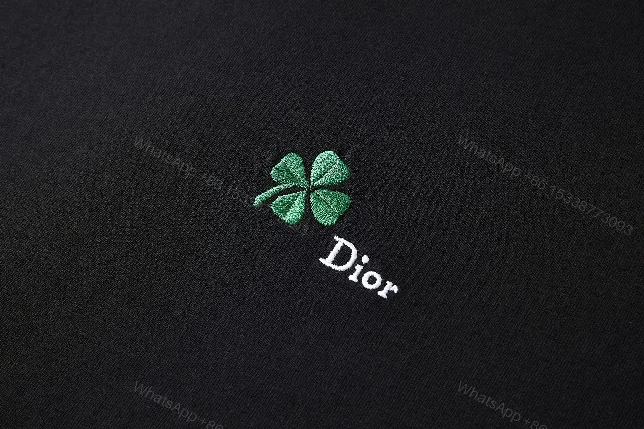 View 8 of Black Cotton T-Shirt with Green Clover Embroidery Dior Logo