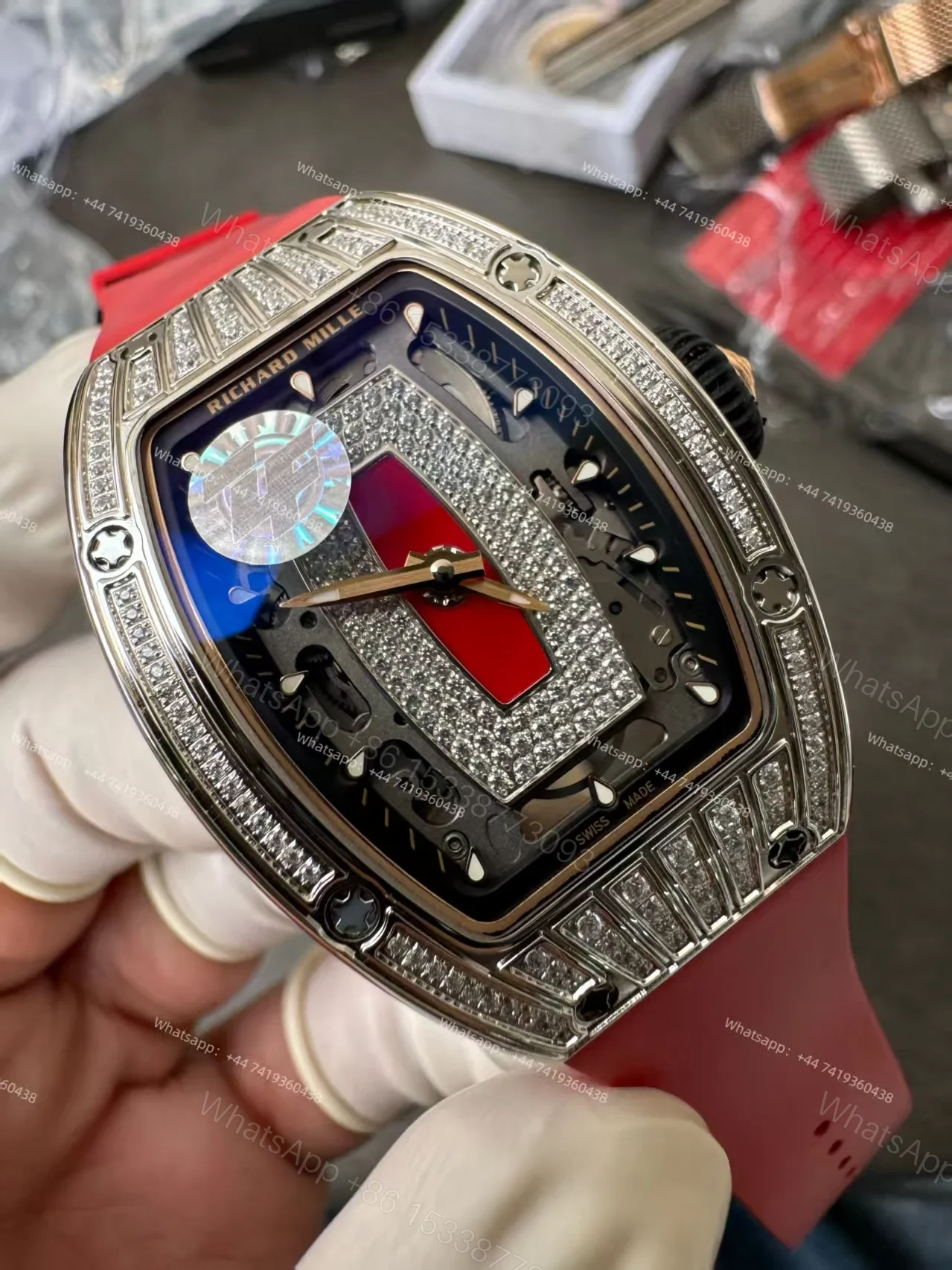 View 7 of Super Clone Richard Mille RM 07 Full Diamond 1:1 Replica Watch with Red Rubber Strap