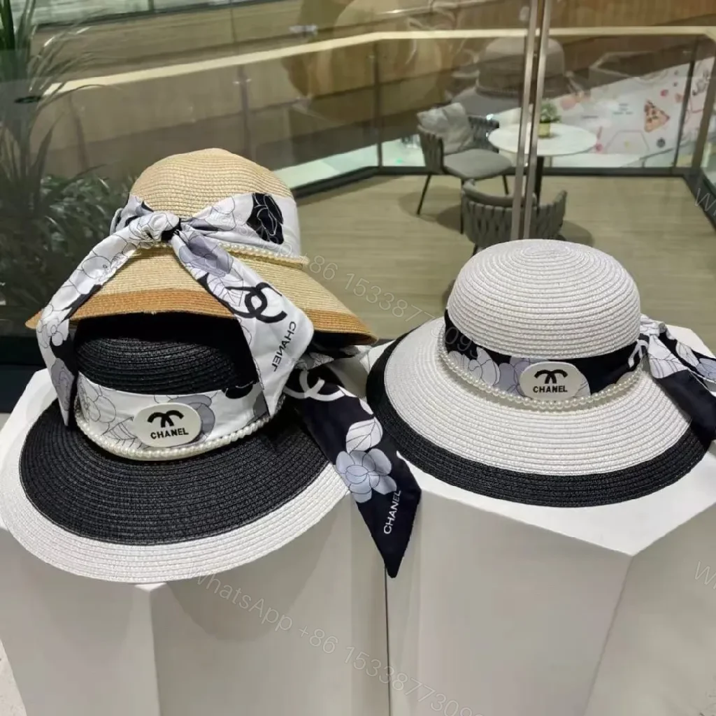 View 8 of Chic Wide-Brim Straw Hat with Pearl Band Detail
