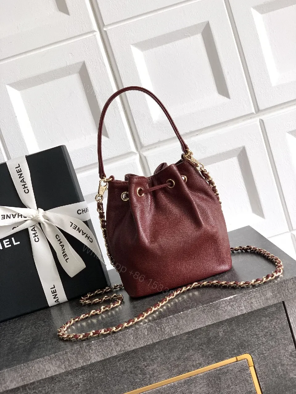 View 4 of Burgundy Quilted Mini Bag with Gold Hardware