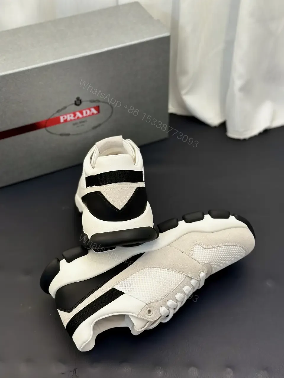 View 6 of Beige Leather Mesh Runner Sneaker with Black Accent, Prada Style
