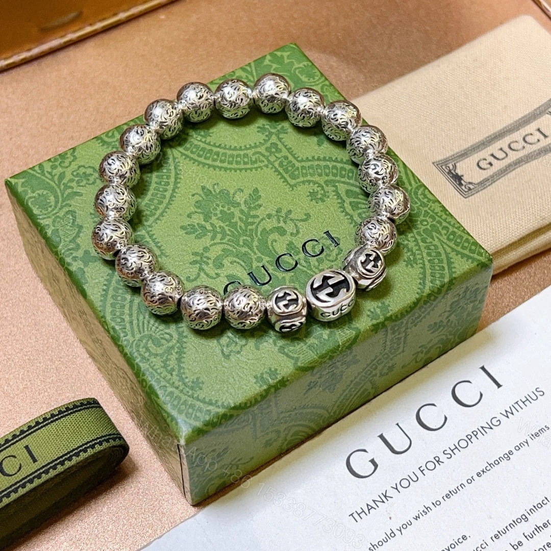 Gucci高仿復古銀珠串手鍊 男款雙G雕刻造型潮感飾品 — view 1