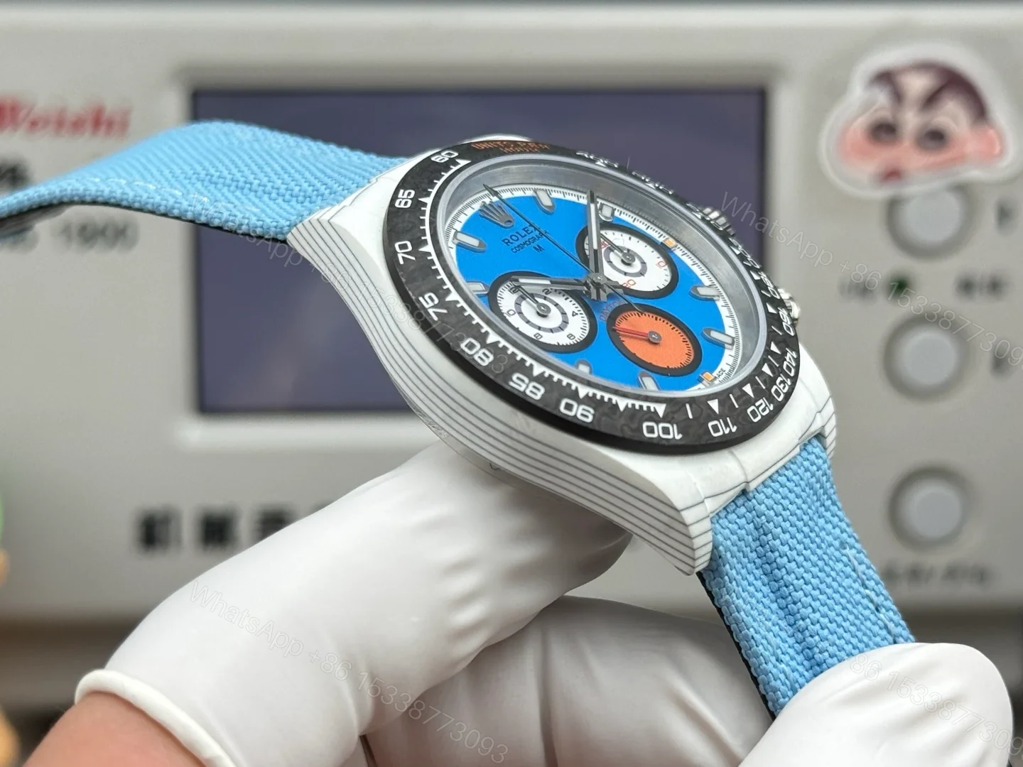 View 6 of Rolex Daytona Carbon Fiber Blue Replica 40MM Premium Black Bezel Blue Fabric Strap R74-BLUE