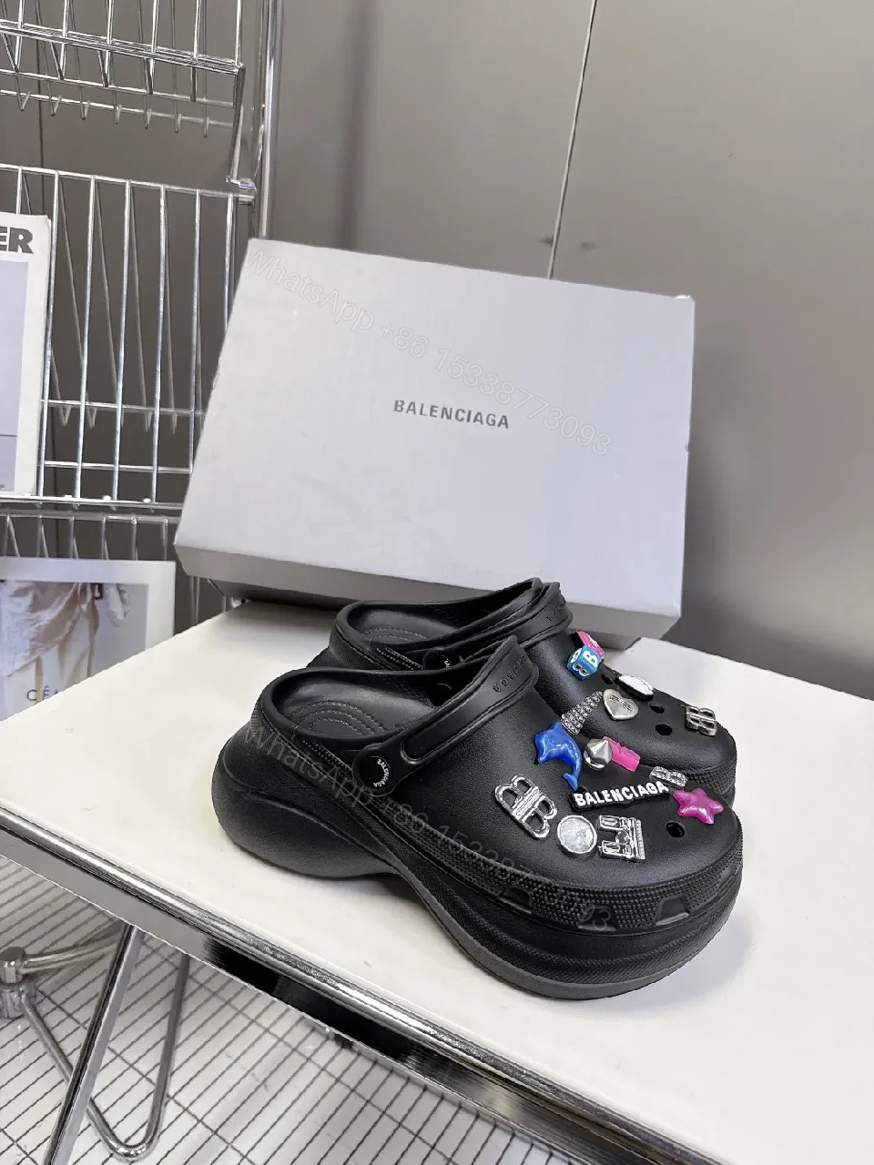 View 7 of Bold Black Faux Leather Clogs with Enamel Charms, All-Day Comfort