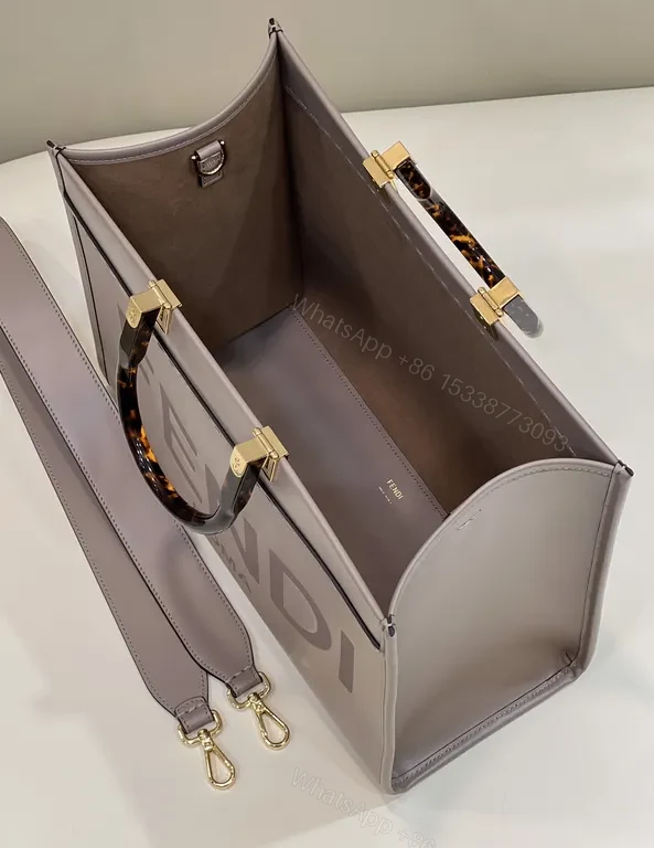 View 5 of Taupe Leather Tote: Fendi ROMA Bold Logo, Structured Style