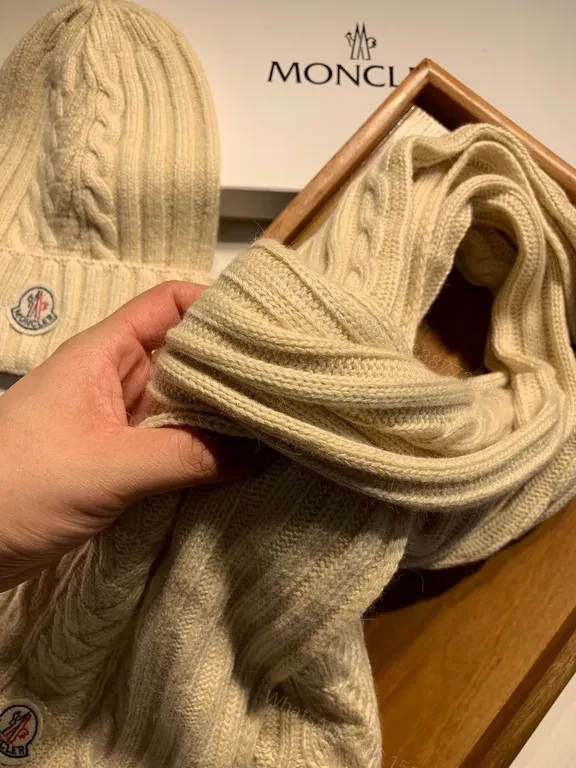 View 2 of Beige Ribbed Knit Beanie & Scarf Set â€“ Moncler Luxury Winter Accessory