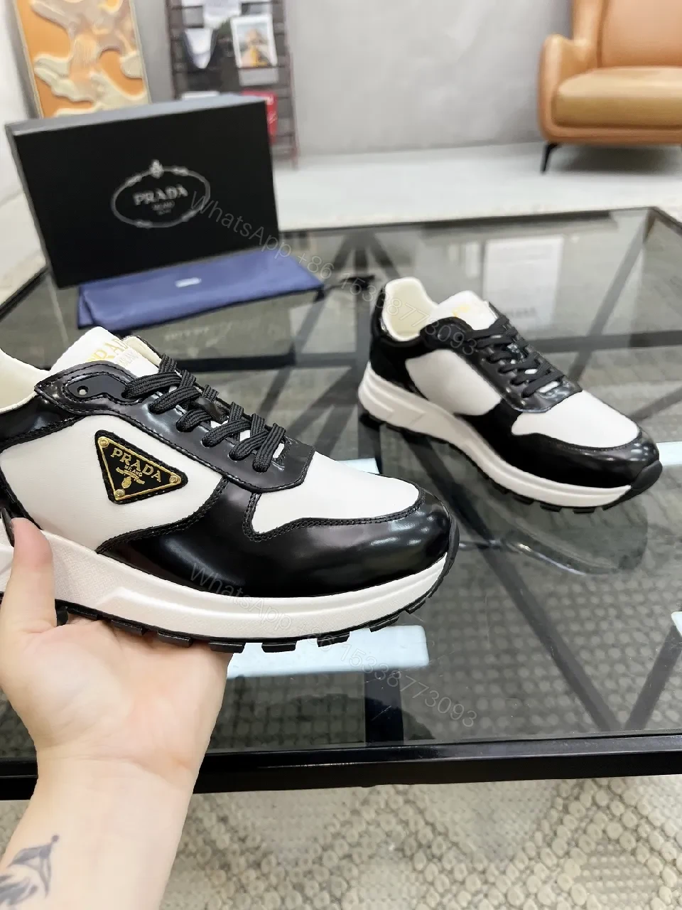 View 2 of Black & White Leather High-Tops with Prada Detailing - Luxe Comfort