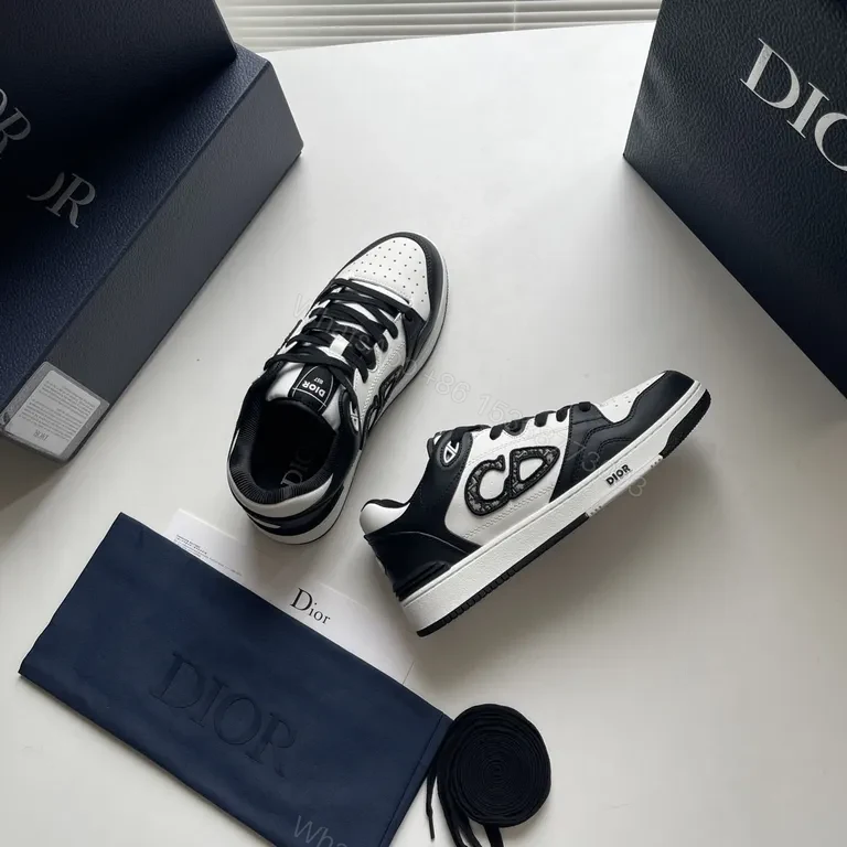 View 8 of Bold Contrast Leather Sneakers - Dior-Detail Black & White High-Impact Shoes