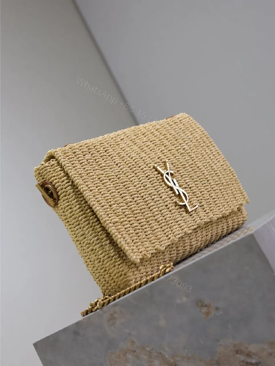 View 3 of Light Natural Straw Crossbody Bag, Monogram Charm, Modern Luxe
