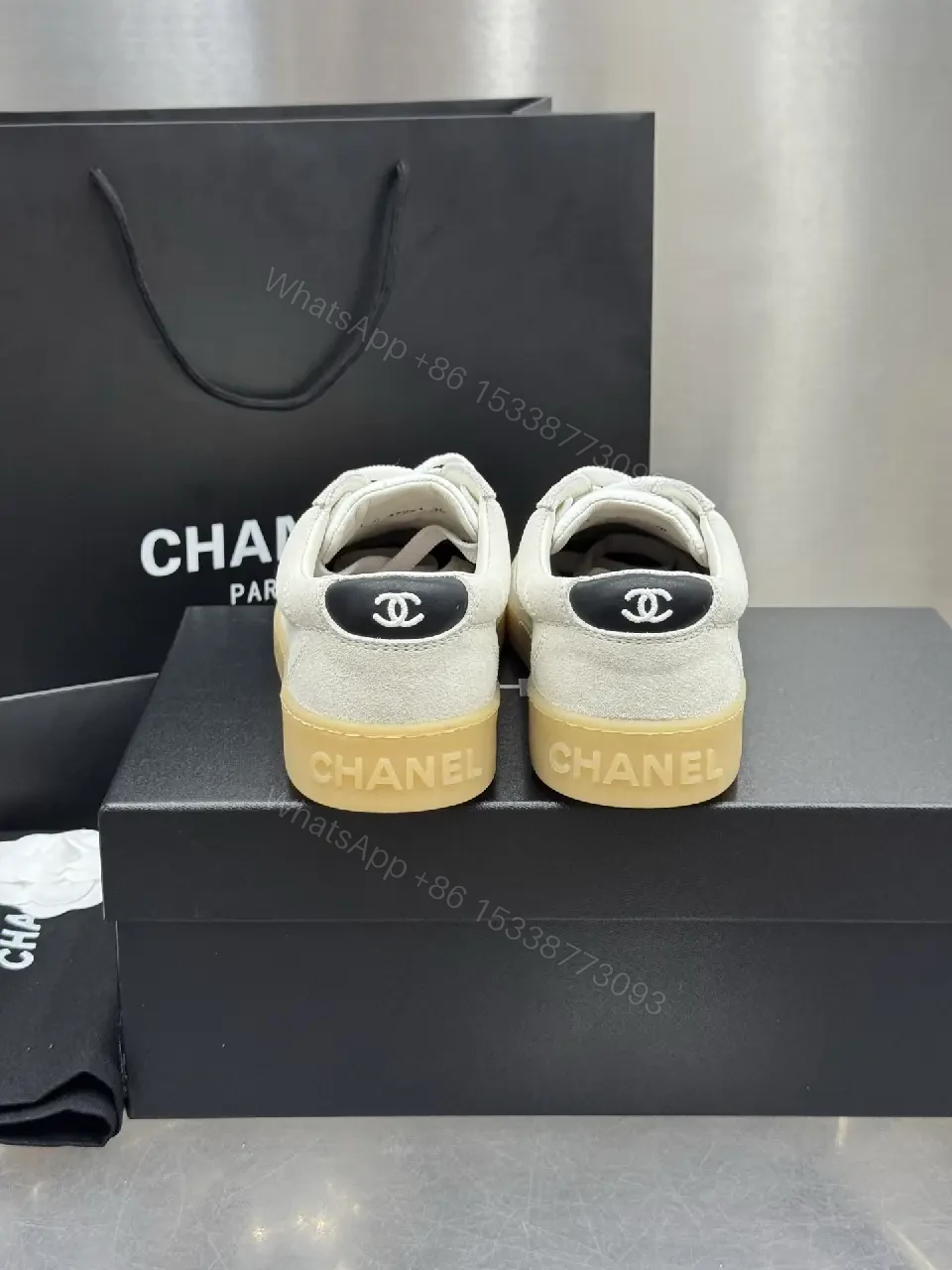 View 5 of Beige Leather Style Sneakers with Gum Sole