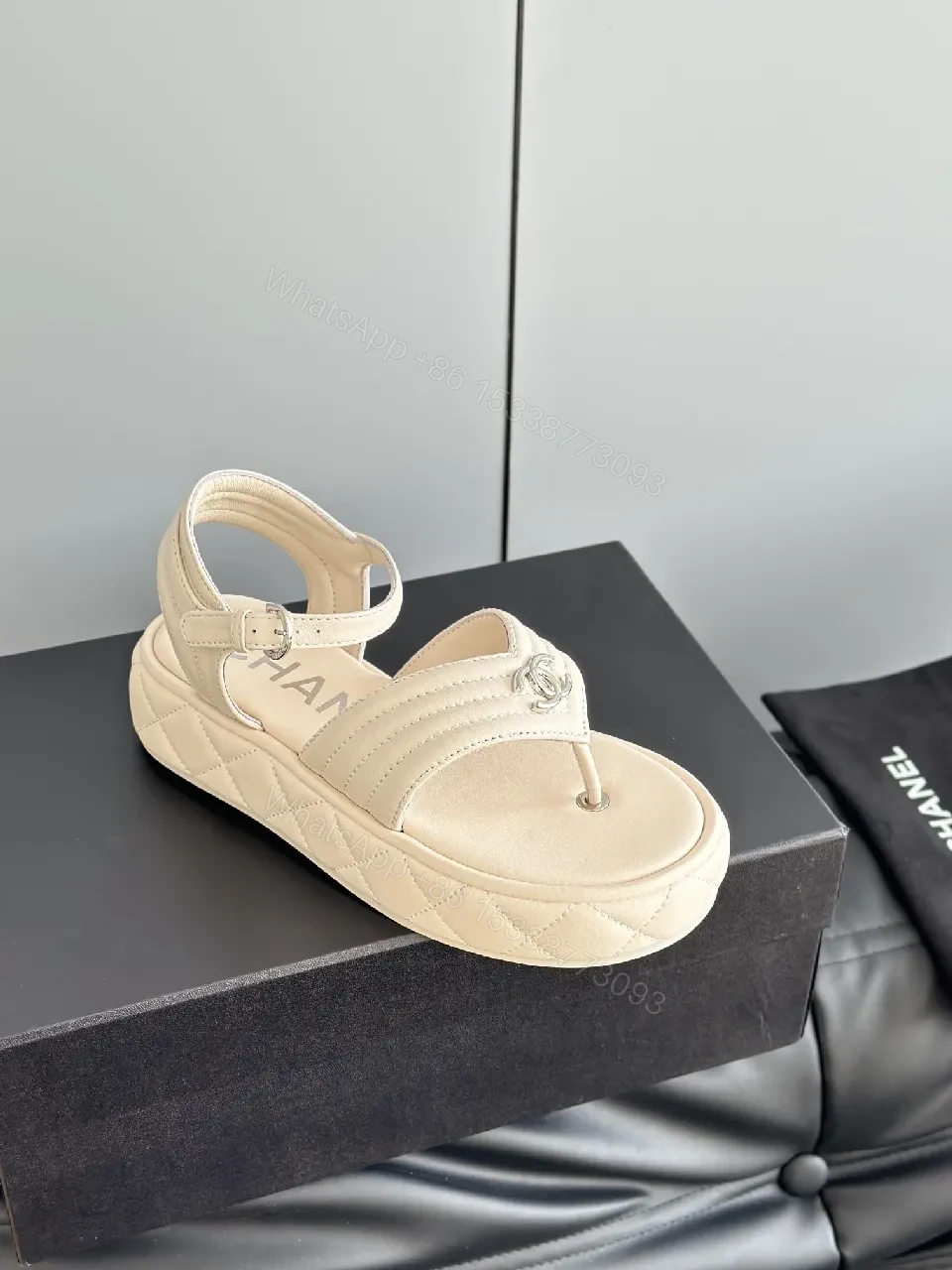 View 4 of Elegant Comfort Sandal: Signature Hardware, Open-Toe, Beige Leather-like Finish