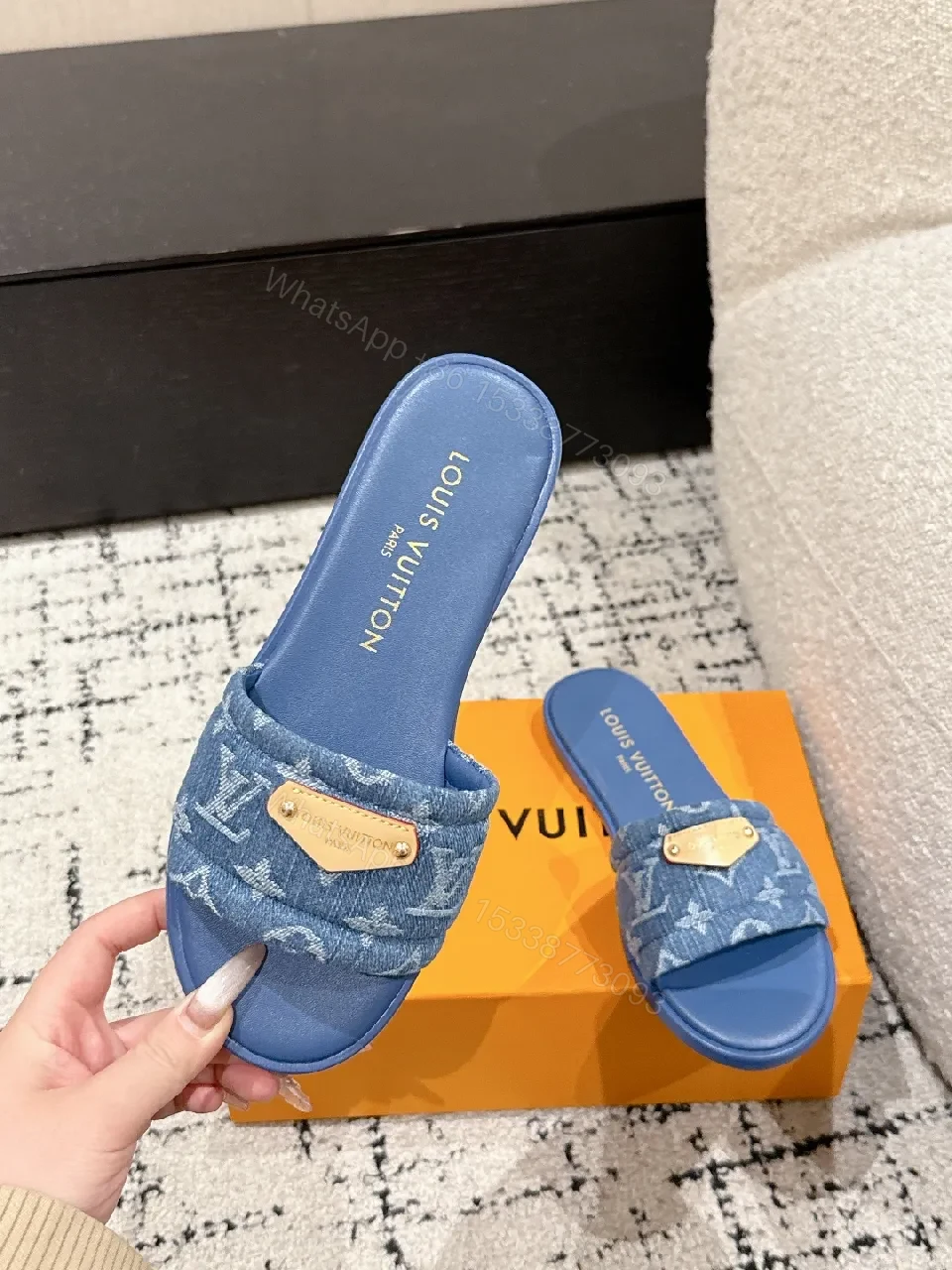 View 2 of Denim Monogram Slide with Gold Plaque: Modern Luxe Comfort