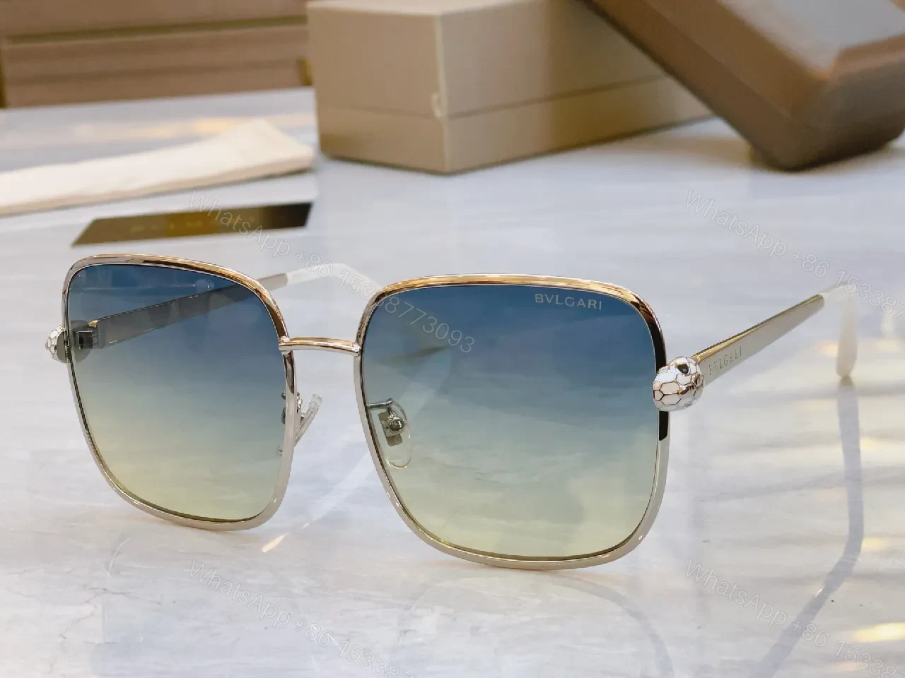 View 9 of Gold-Textured Square-Frame Sunglasses with Polarized Lenses