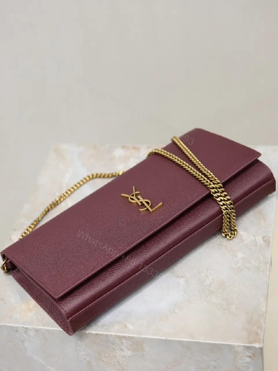 View 3 of Burgundy Leather Structured Shoulder Bag with Gold Hardware