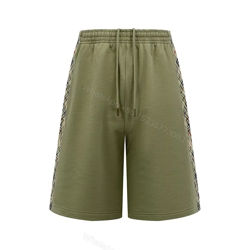 Olive Cotton Drawstring Shorts with Plaid Side Stripes — view 1