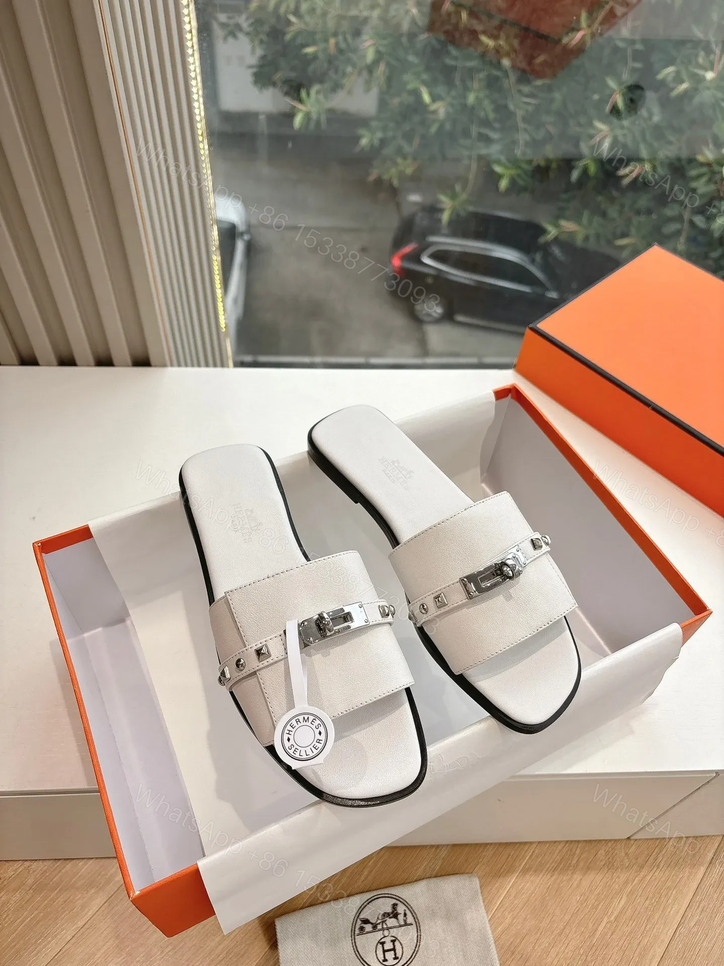 View 3 of Hermes Women White Leather Slide Sandals