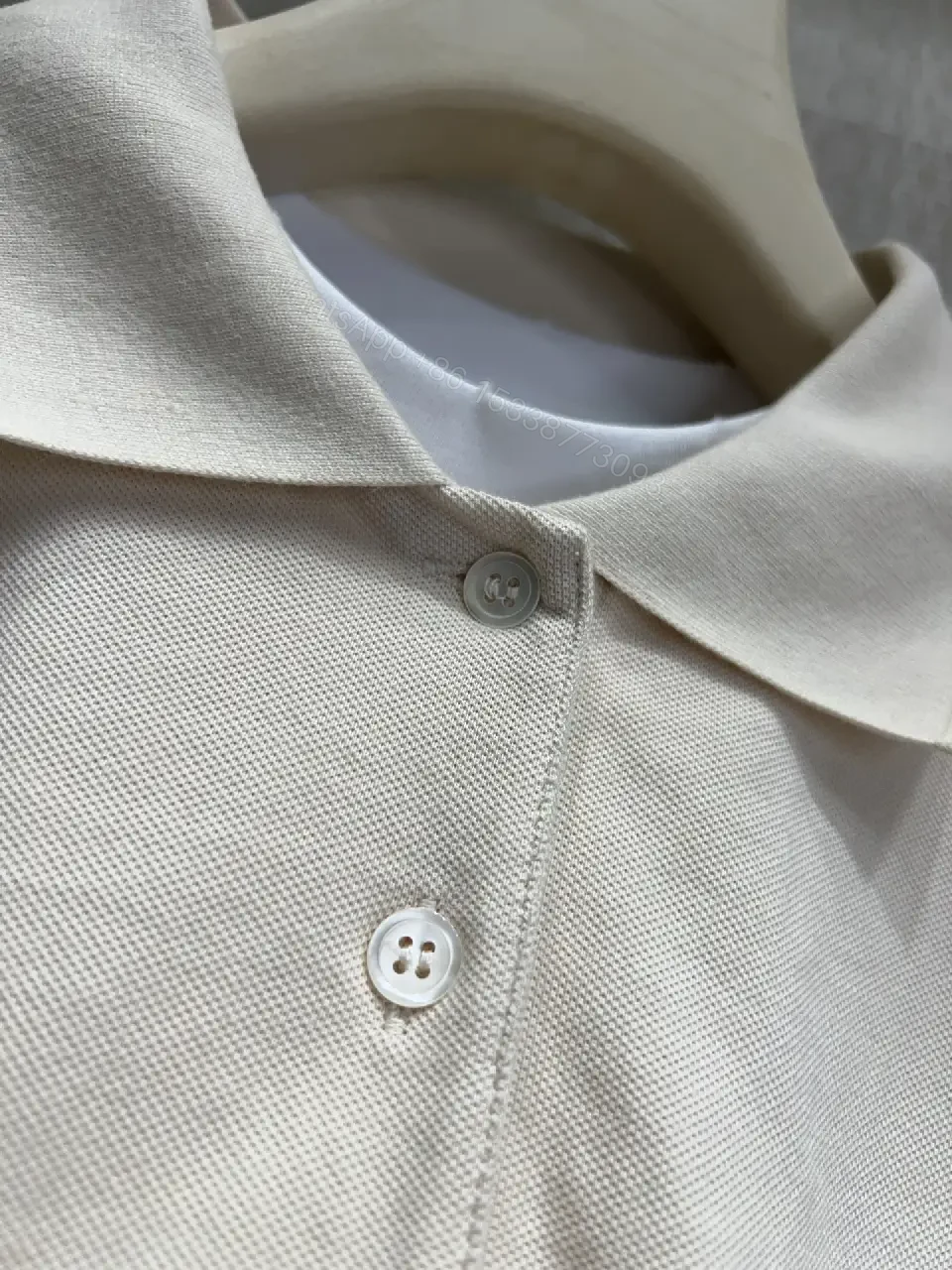 View 2 of Off-White/Cream Knit Cropped Polo Shirt with Ribbed Trim and Logo