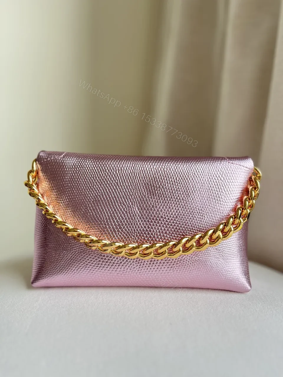View 3 of Chic Metallic Wallet on Chain: Textured Pink Leather, Gold Chain, Luxury Style, Cardholder Wallet