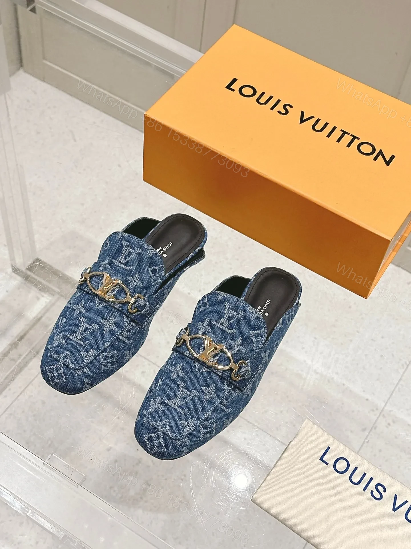 LV Women Blue Denim Leather Mules — view 1
