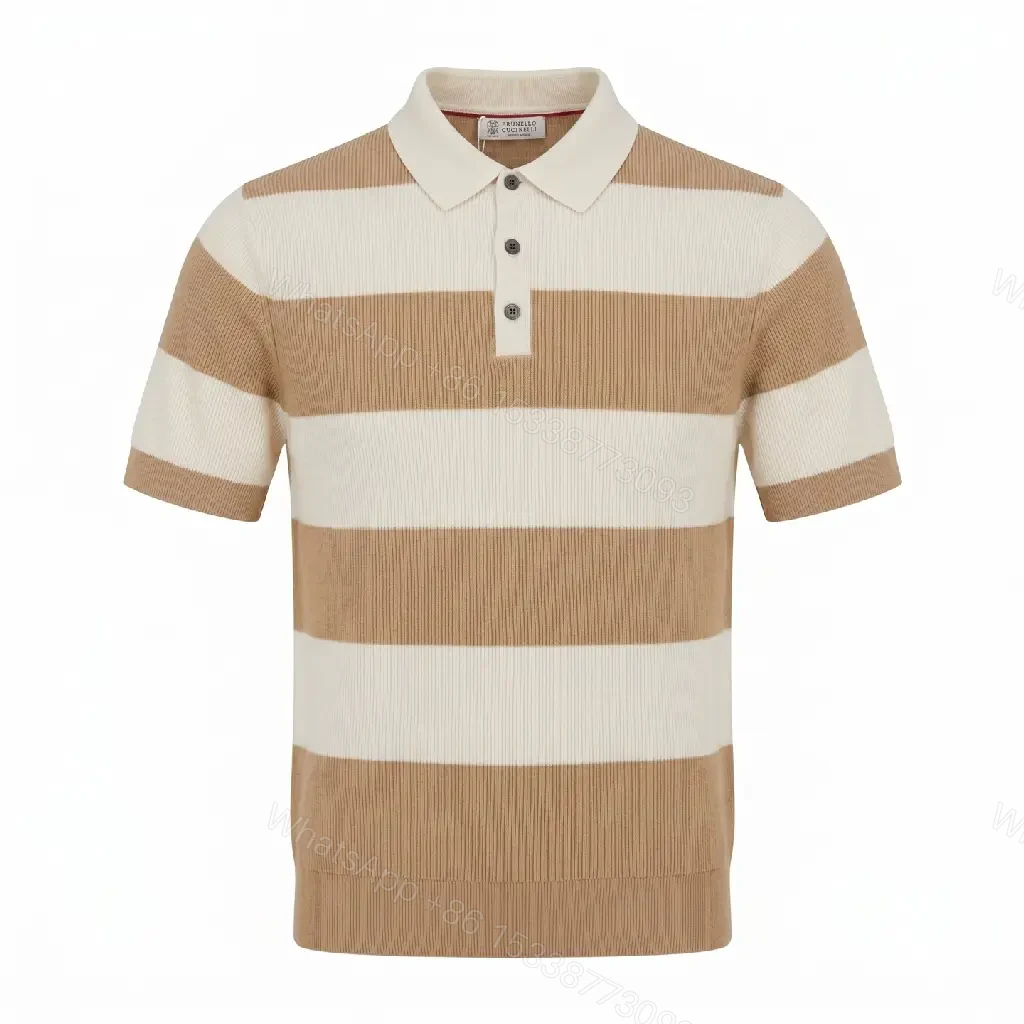 View 8 of Camel & Cream Ribbed Stripe Polo Shirt with Button Placket