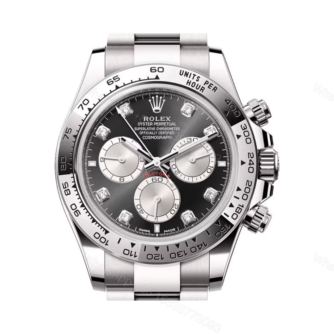View 2 of Replica Rolex Cosmograph Daytona White Gold Black Dial Diamond Markers 40mm
