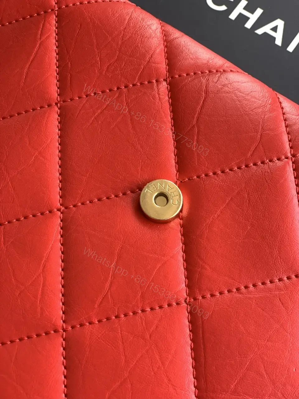 View 3 of Bold Red Quilted Leather Clutch, Gold Hardware, Envelope Style