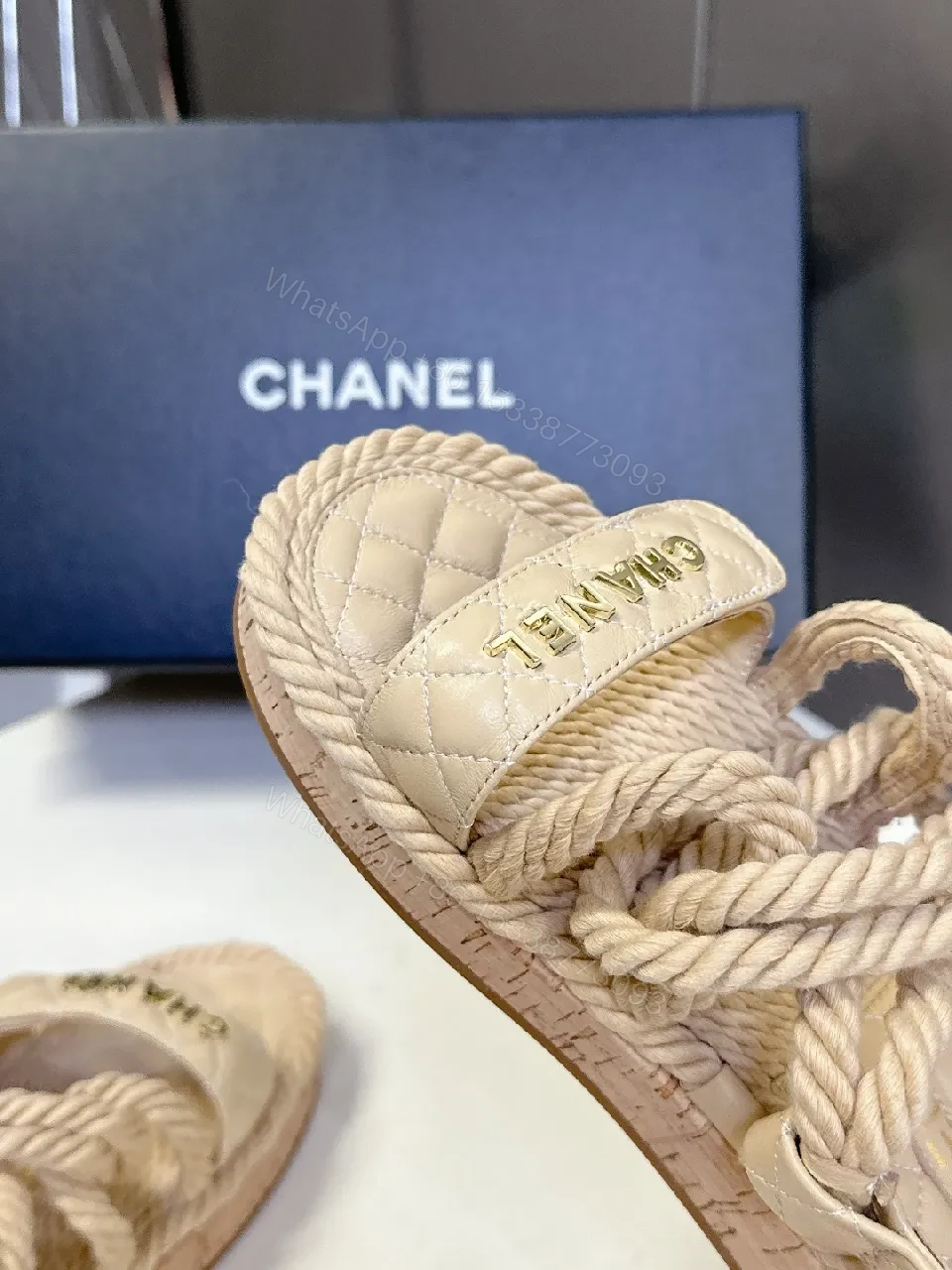 View 4 of Quilted Footbed Sandals with Knit Straps, Neutral Tone