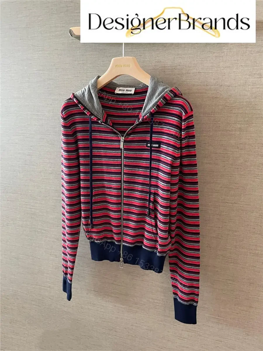 View 5 of Miu Miu Striped Knitted Zip-Up Hoodie