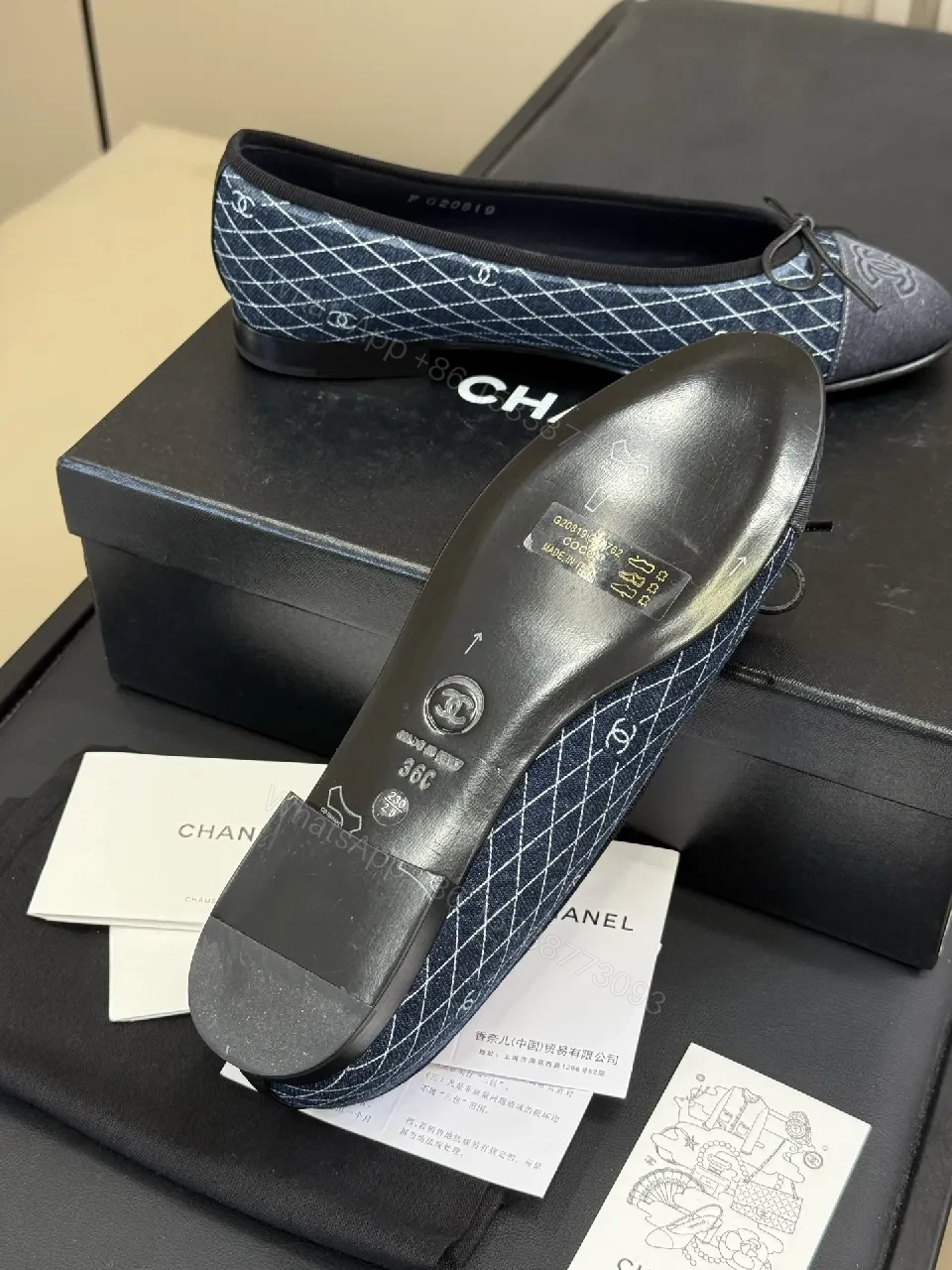 View 3 of Denim-Textured Ballet Flats with Monogram Detailing