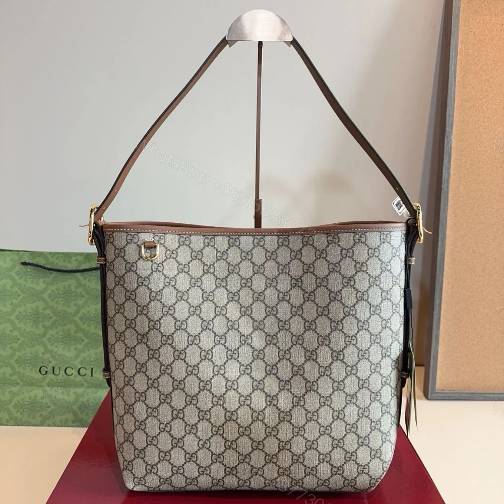 View 4 of Gucci GG Emblem Medium Bucket Bag Beige And Dark Brown Fabric 29Cm 815103 FAD6L 9758