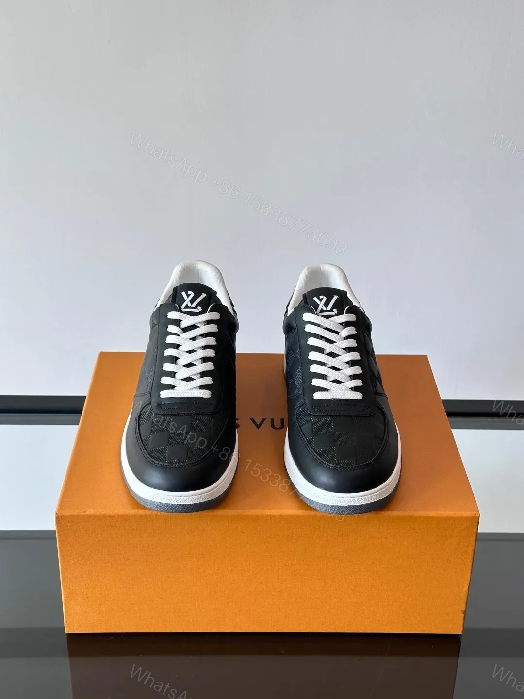 View 2 of LV Men Black Leather Checkerboard Sneakers