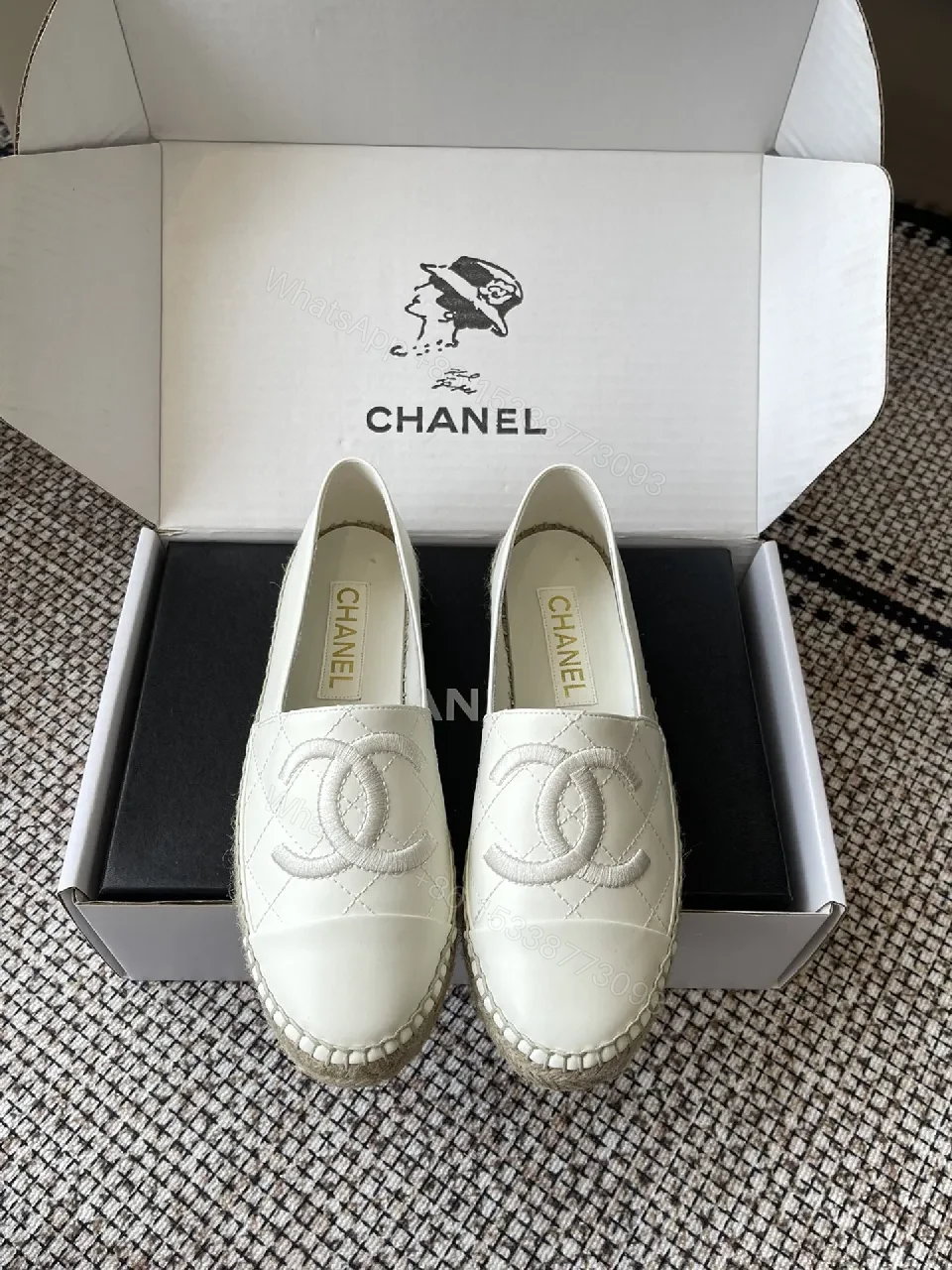 Textured White Espadrille Loafers: Quilted Leather & Jute Sole — view 1