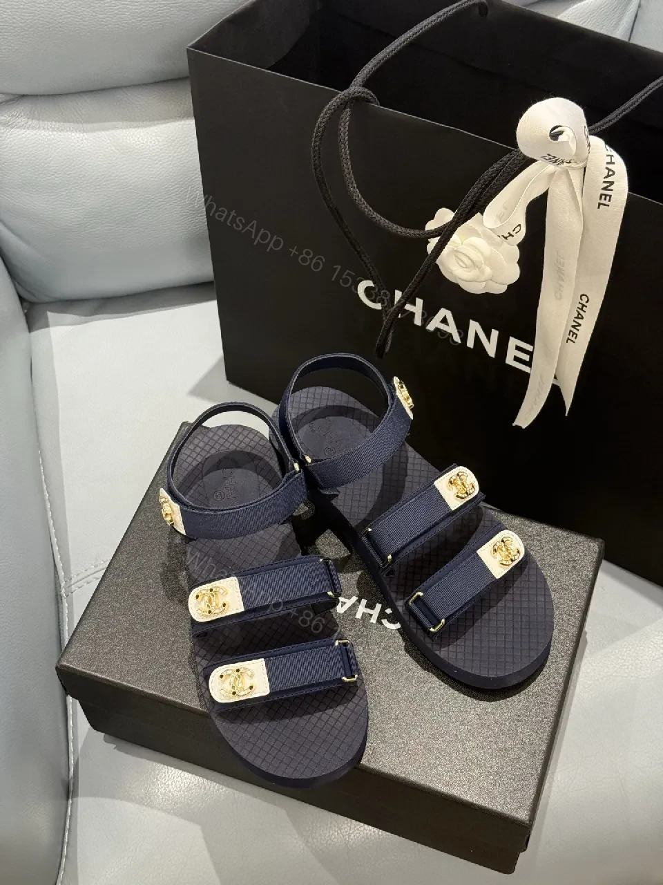 View 4 of Navy Leather Sandals with Gold Accents, Luxe Casual Style