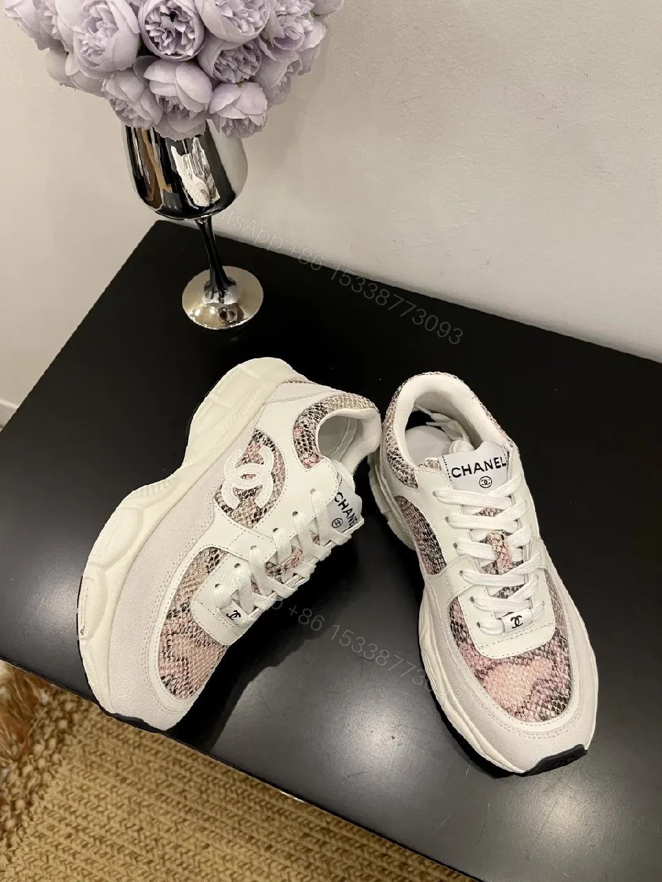 View 7 of Snake-Print Sneakers: White Leather, Pink Accent, Modern Luxe, Comfort