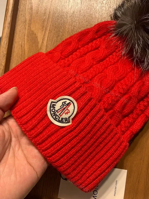 View 2 of Bold Red Cable-Knit Beanie with Pom-Pom, Moncler Style