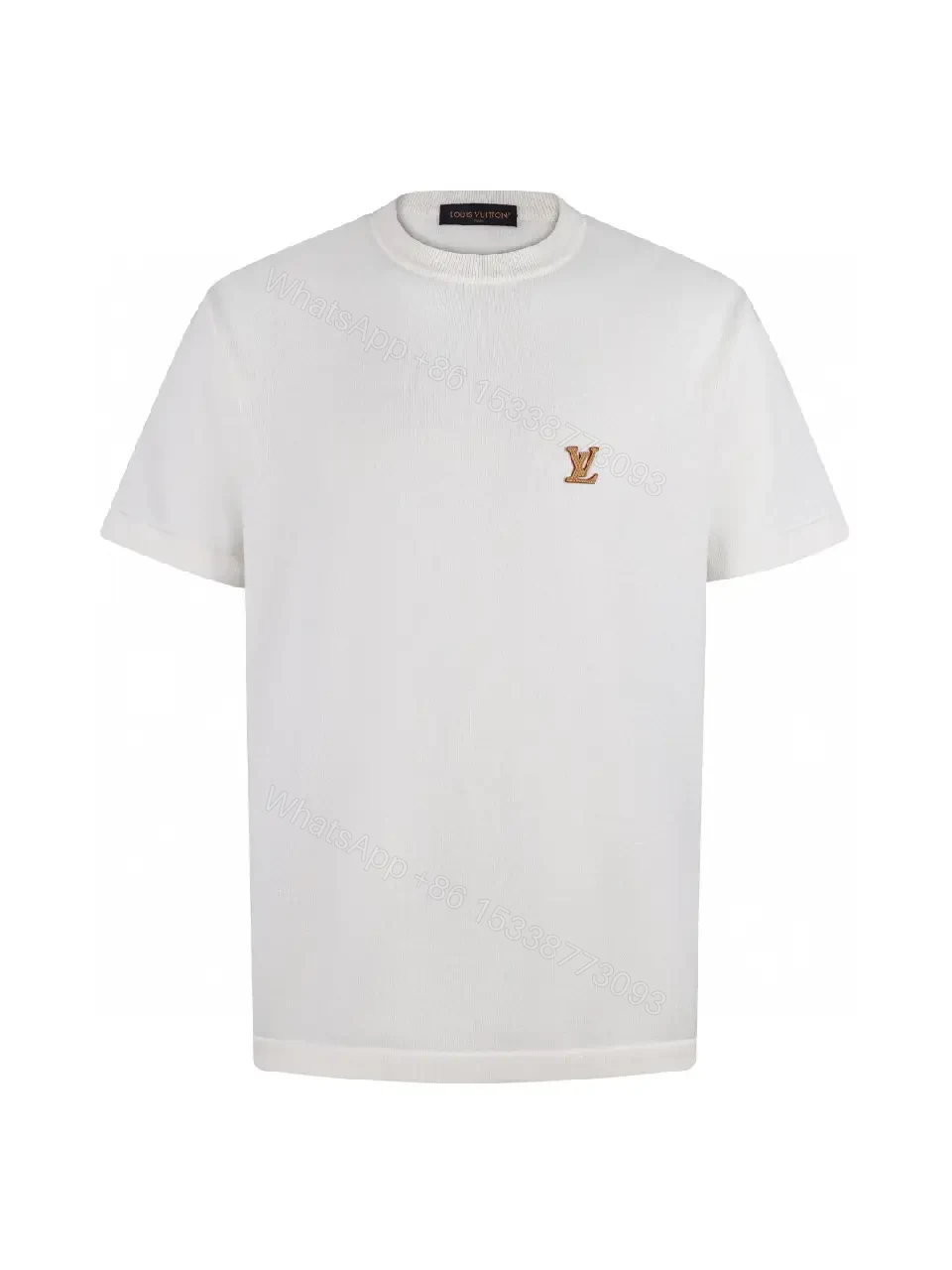 View 11 of White Jersey Short-Sleeve Crewneck T-Shirt with Gold LV Chest Logo
