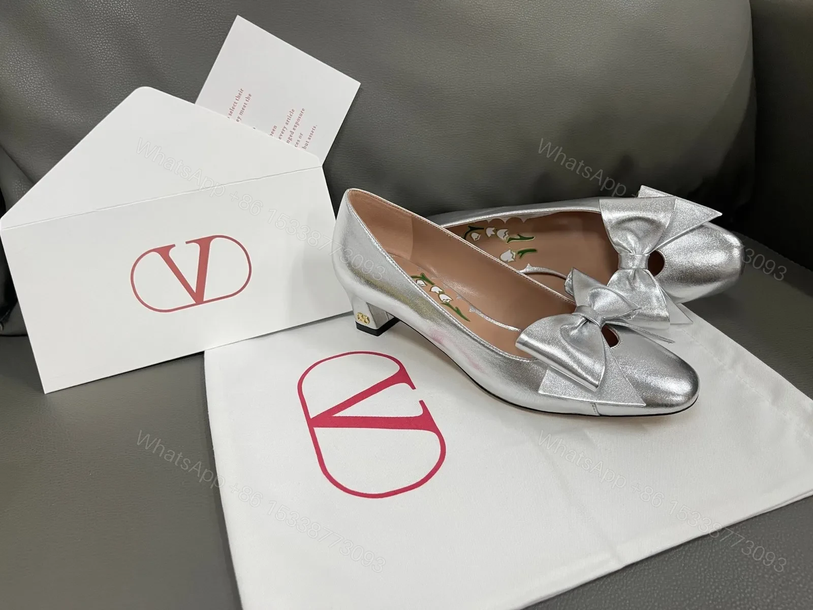 View 3 of Valentino Women Silver Leather Bow Detail Flats