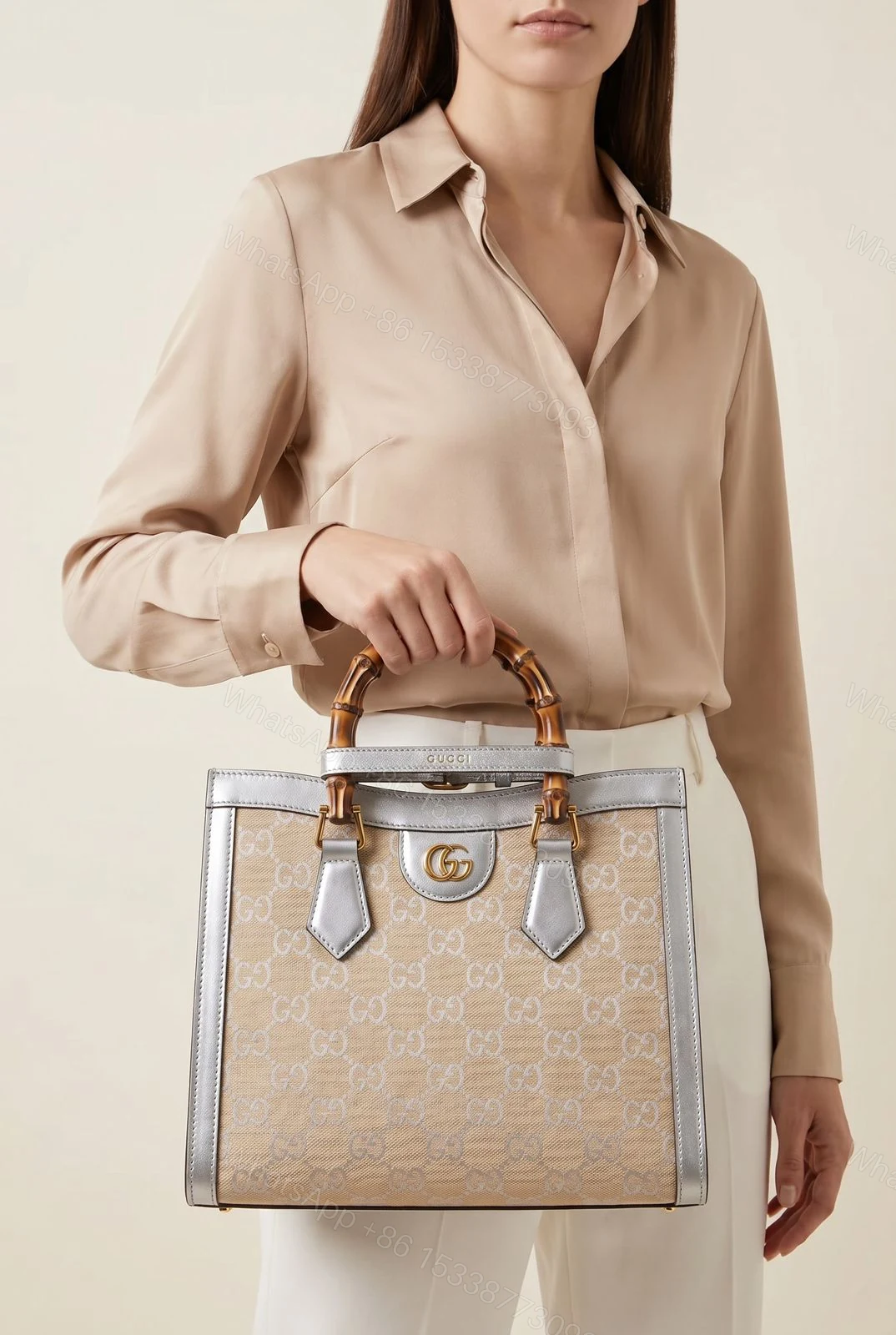 View 2 of Gucci Diana Large Tote Bag GG Canvas Silver Trim Leather First Copy | 12@ AAA+ Replica