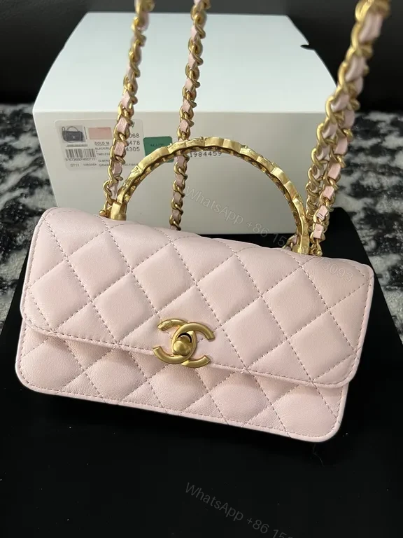View 2 of Chanel-Inspired Pink Quilted Leather Mini Bag with Gold Chain