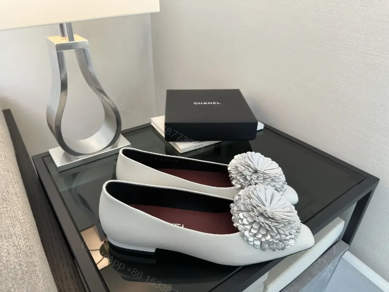 View 8 of White Leather Flats with Crochet Pom Floral—Chic Pointed-Toe Pumps