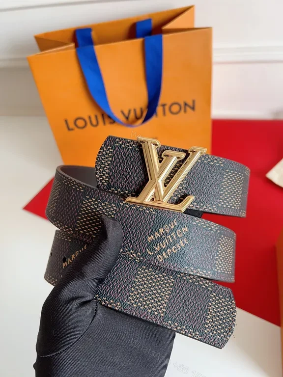 View 5 of Chic Damier-Texture Belt with LV Buckle, Luxury Leather